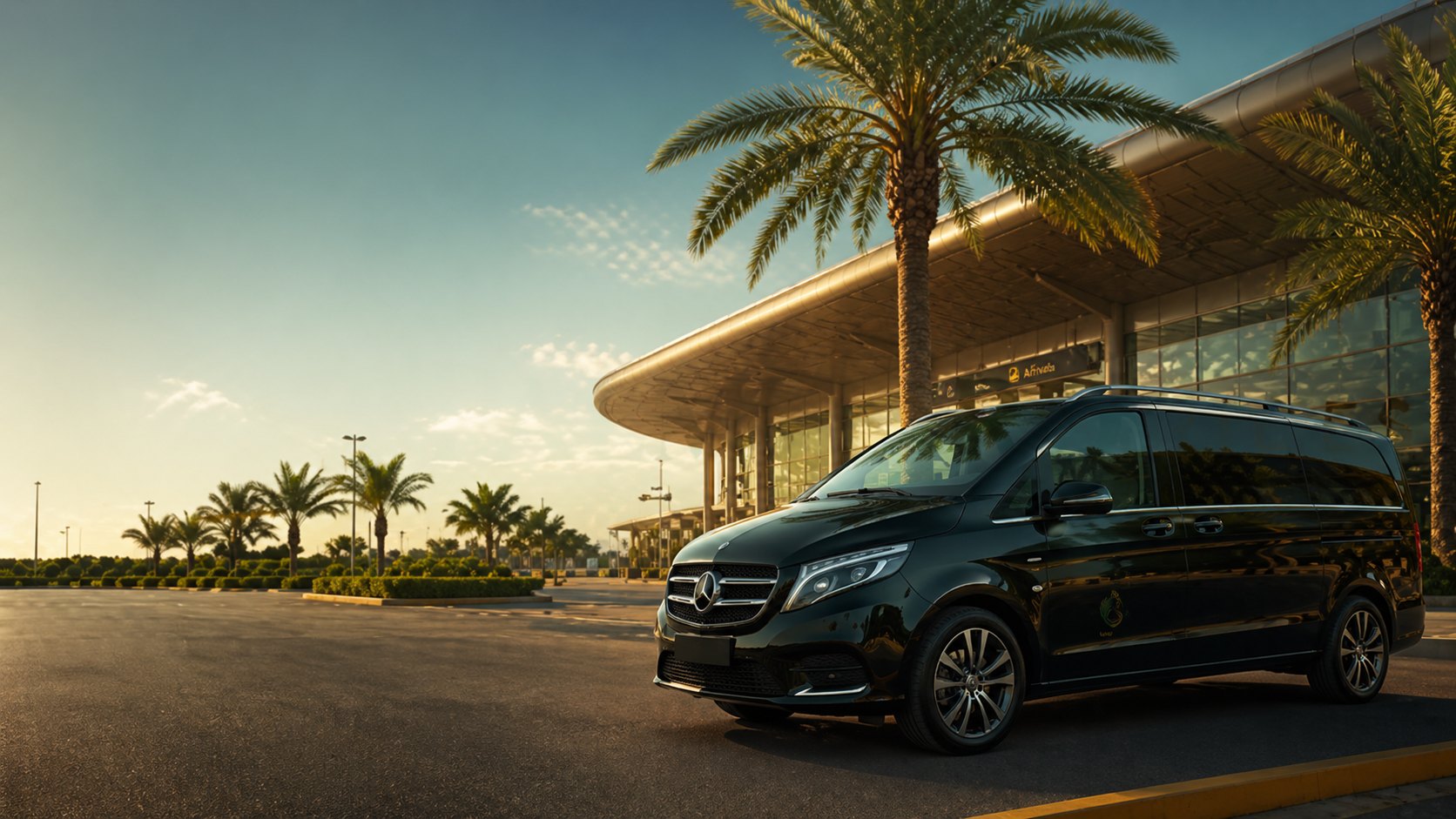 Palmward Rides premium vehicle outside an airport terminal